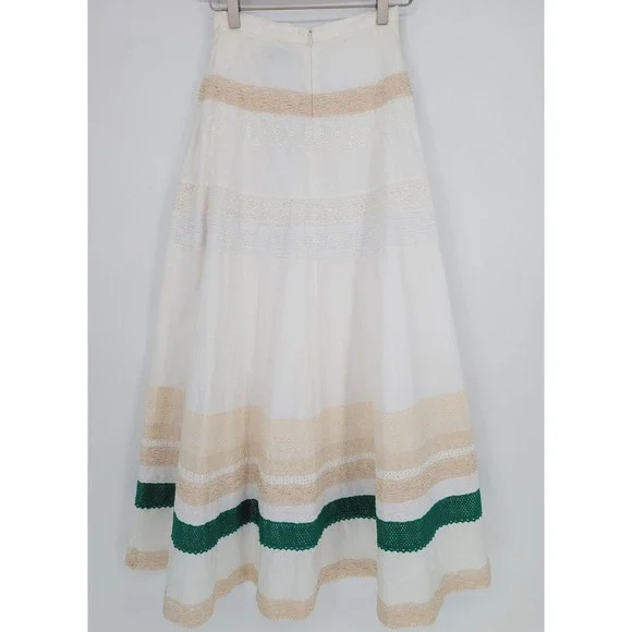 POSE Lace Eyelet Trimmed Maxi Skirt Womens 4 White Green Cotton Boho Cottagecore - Picture 4 of 12